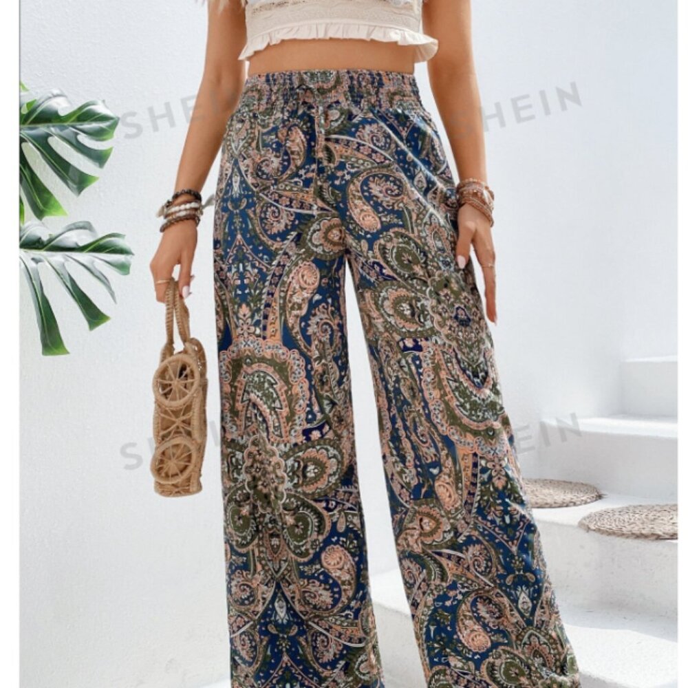SHEIN VCAY Paisley Print Tie Front Wide Leg Pants